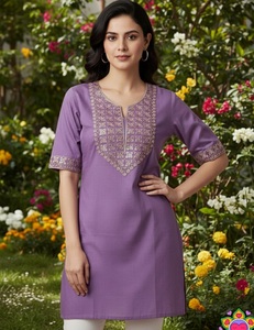 Trendy Purple Multi Color Embroidery Work Slub Cotton Tunic for Women Ethnic Tunic Casual Daily Wear India Pakistan Style <b>Top</b> - Product Image 1