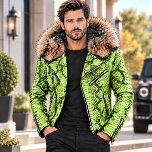 Men's Genuine Python Leather <b>Motorcycle</b> <b>Jacket</b> Fox Fur Hood | Herren Biker Lederjacke | Chaqueta de Cuero Python Hombre - Product Image 3