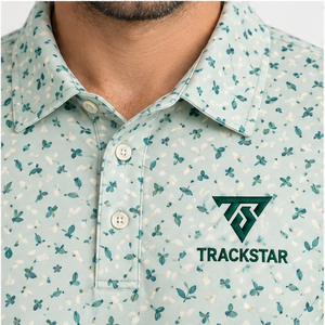 Camisa Polo Trackstar para Hombre, Color Verde Menta, Estampado de Hojas Abstractas, Manga Corta, Cuello con Botones, Camisa Casual de Golf, Logotipo Personalizado - Product Image 5