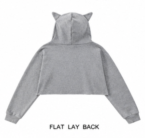 Women Autumn Printed Grey Cropped Hoodie Cute <b>Ear</b> Detail Sweatshirt Breathable Lined Soft Cotton Pullover Short Length - Product Image 3