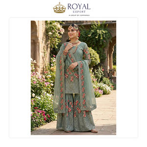 Suministro al por mayor de ropa de estilo indio: el mejor traje Sharara de seda Fendi pura para fiestas, con bordado pesado y lentejuelas, y detalles hechos a mano. - Product Image 5