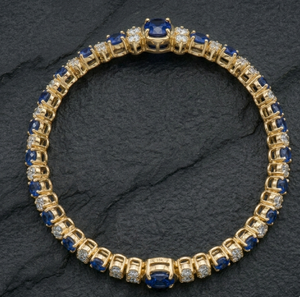 18K Gold Sapphire and Diamond Tennis Bangle Oval Blue Stone <b>Bracelet</b> Round Brilliant Jewelry for Wedding Party - Product Image 4