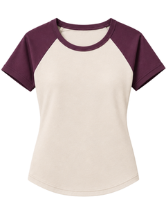 T-shirt Raglan Personnalisé Beige Ivoire et Violet Prune pour Femme – Col Rond Décontracté, Manches Courtes, Mélange de Coton Doux, Tendance Estivale - Product Image 1