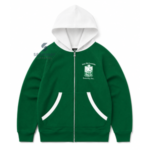 Sweat-shirt décontracté pour femme Iota Phi Lambda, à capuche contrastante marron, entièrement zippé, manches longues, avec lettres grecques brodées - Product Image 1