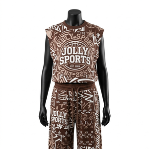 Ensemble t-shirt sans manches et pantalon de jogging en coton premium 200 GSM, imprimé intégral marron, streetwear, logo sérigraphié, pour femmes - Product Image 3