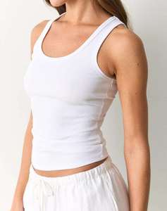 Top Corto Personalizado para Mujer, Acanalado, Ajustado, Sin Mangas, de Algodón Elástico, Básico, Blanco, Marca Privada, Fabricante de Tops Cortos de Verano - Product Image 3