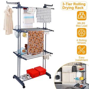 Dual <b>Side</b> Wings Rolling Collapsible Clothes Drying Rack Laundry Dryer Hanger Stand Rail Shelve Wardrobe Clothing Drying Racks - Product Image 1