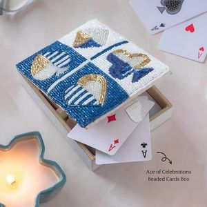 Ace of Celebrations Beaded <b>Cards</b> Box Rectangle Lid Closure Elegant Blue White Gold Pattern Jewelry Storage - Product Image 1