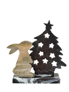 Décoration de Noël en bois : Lapin et arbre en métal foncé avec découpes en forme d'étoile sur base en marbre tourbillonnant - Product Image 3