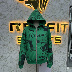 เสื้อฮู้ดดี้พิมพ์ลายกราฟฟิตีแบบซิปเต็มตัว ขนาดใหญ่พิเศษ ผ้าฝ้ายฟลีซหนา 450 GSM สไตล์สตรีทแวร์ ผู้ผลิต OEM - Product Image 1