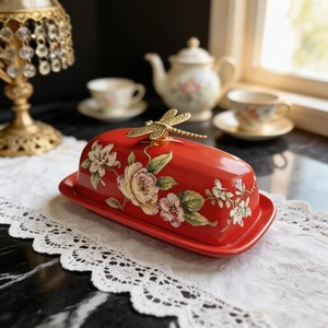 Red Floral Design Decorative Ceramic Butter Dish Perfect For Kitchen Storage And Table Presentation Handcrafted From India - Product Image 3