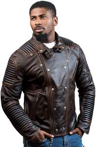 <b>MEN'S</b> PREMIUM VINTAGE <b>LEATHER</b> BIKER <b>JACKET</b> PADDED SLIM FIT MOTORCYCLE FASHION OUTERWEAR ZIP FRONT DISTRESSED DESIGN - Product Image 2
