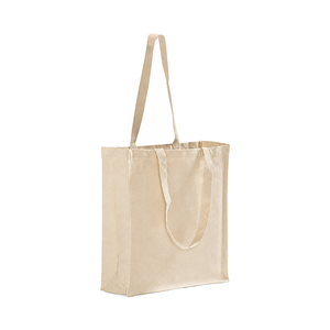 Sac fourre-tout en toile de coton biologique avec soufflet complet et bandoulière, personnalisable avec logo, réutilisable, idéal pour cadeaux, vente en gros et achats en vrac pour les marchés. - Product Image 1
