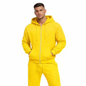 Ensemble de survêtement pour homme, hiver, jaune uni, avec strass, sweat à capuche zippé, pantalon de jogging, style streetwear scintillant, vêtements de sport décontractés, tenue de gym - Product Image 1