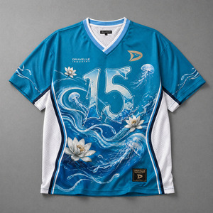 เสื้อเจอร์ซีย์ตาข่ายทรงบ็อกซี่สีเขียวอมฟ้าแบบเรโทรสำหรับกีฬา ผลิตโดย Dravelle Industry รับผลิตตามสั่ง (OEM) สำหรับเสื้อผ้าสตรีทแวร์แบบซับลิเมชั่น ขายส่ง - Product Image 1