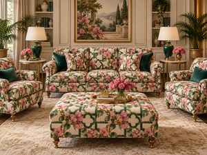 Tissu d'ameublement tissé léger et respirant imprimé motif treillis floral Bougainvillea rose et vert pour canapé et chaise - Product Image 3