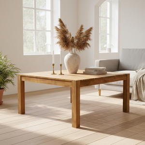 Table à manger en teck raffiné Kami, finition grain naturel exquise, design rectangulaire large, support architectural, pour extérieur - Product Image 5