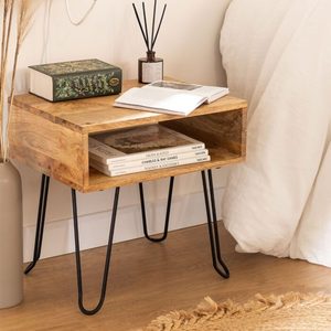Mesa de Noche de Madera con Estante Abierto y Patas de Horquilla, Mesita de Noche para Dormitorio - Product Image 1