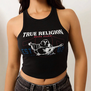 Camiseta sin mangas estampada para mujer 2025, estilo casual, con tiras laterales, tejido de punto, corta, con logo frontal - Product Image 1