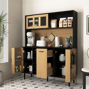 Buffet de cuisine style farmhouse de 59 pouces avec porte de rangement, prise électrique, bar à café, casier à vin et garde-manger - Product Image 5