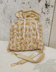 Gold Beaded Potli Evening Bag Sequin Embroidered FLAP Closure <b>Clutch</b> Shoulder Purse up to 1L for <b>Wedding</b> Party - Product Image 2