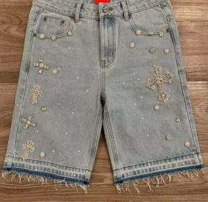Shorts en jean brodés de croix en diamant gothiques, style rétro américain, avec strass bleus, streetwear hip-hop, pour hommes et femmes - Product Image 6