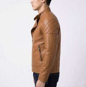 Men's Brown PU Leather Moto <b>Biker</b> <b>Jacket</b> Stand Collar Zipper Closure Slim Fit Regular Sleeve Solid Color Autumn Wear - Product Image 5