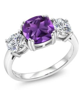 Anillo de Compromiso, Boda o Promesa de Plata de Ley 925 con Amatista Púrpura y Moissanita, Corte Cojín, Engaste de 3 Piedras - Product Image 1