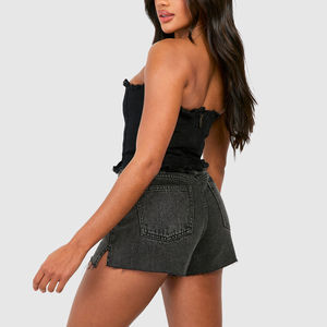 Shorts en jean rétro pour femme, taille haute, vintage, délavé, avec boutons et fermeture éclair, longueur genou, délavage acide, été, personnalisé - Product Image 2