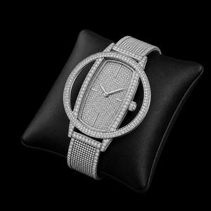 Montre de luxe sertie de diamants, boîtier ovale en acier inoxydable argenté, bracelet en maille, montre-bracelet à quartz pour homme et femme, de qualité supérieure - Product Image 3