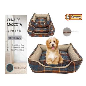 Yommy Checkered Linen Pet <b>Bed</b> Square <b>Nest</b> S M L Waterproof Non Slip Bottom Dog Cat <b>Bed</b> - Product Image 2