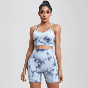 Conjunto de Yoga Tie Dye de 2 Piezas, Top Corto de Cintura Alta y Pantalones Cortos, Ropa Deportiva sin Costuras con Espalda Cruzada para Mujer, Spandex y Poliéster con Elasticidad en Cuatro Direcciones - Product Image 2