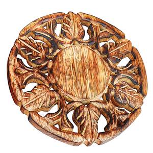 Round Hand Carved Wooden Leaf Pattern <b>Coaster</b> Perfect For Hot Utensils Tea Cups And Elegant Natural Table Decor - Product Image 1