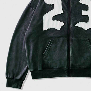 Hoodie d'hiver tendance en coton épais délavé à l'acide avec patchs, coupe oversize - Product Image 5
