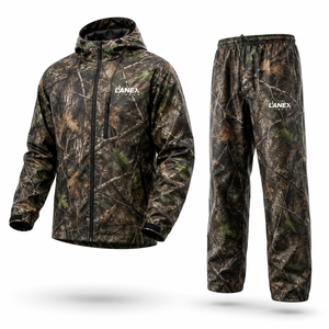 Real Tree Sublimation Design <b>Men's</b> Hooded Rain <b>Jacket</b> and Pants Set Windproof Outdoor Hunting Fishing Gear Regular Fit Polyester - Product Image 1