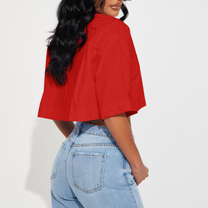 Hot Sale Women's Red Crop Top <b>Button</b> Down <b>Shirt</b> <b>Half</b> Sleeve Poplin Casual Solid Color Front Pocket Spring Summer Loose Fit <b>Shirt</b> - Product Image 2