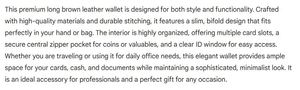 <b>Bifold</b> Premium Long Brown Leather Wallets For Men With Multiple Card Slots Zipper Pocket ID Window Travel <b>Purse</b> Folder Accessory - Product Image 3
