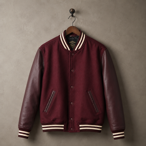 <b>Men's</b> Burgundy Varsity <b>Jacket</b> With Leather Sleeves Preppy Style Autumn Wear Turn-down Collar Button Closure - Product Image 1