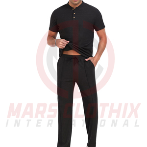Men's Black Cotton Henley Shirt and Pants Set Regular Fit Breathable Casual Wear Men Summer <b>Tracksuit</b> for Adults - Product Image 6