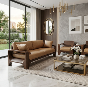 Modern Three Seat Sofa Set Handcrafted Leather Upholstered Solid Wood <b>Frame</b> Rolled Minimalist Design Villa Living Room Furniture - Product Image 3