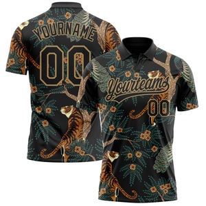 เสื้อโปโลกอล์ฟลายเสือและนกยูง 3 มิติ สีดำ-ทองโบราณ ขายส่งโดยตรงจากโรงงาน ผลิตตามสั่ง ขายดีที่สุด - Product Image 1