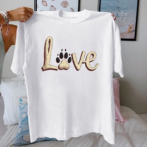 T-shirt à manches courtes pour femme, coupe classique, col rond, style décontracté avec motif d'empreintes de pattes, 100% coton pur, tissu tricoté 180g - Product Image 2