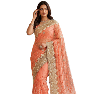 เสื้อส่าหรีแบบดั้งเดิมของอินเดีย ดีไซน์ใหม่สุดพิเศษ สำหรับงานปาร์ตี้ ตกแต่งด้วยงานปักมุกและเพชร - Product Image 1