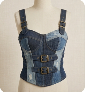 Denim <b>Patchwork</b> Corset Spaghetti Strap Halter Lace Up Fitted Bodycon Casual Streetwear Style All Seasons Wear - Product Image 1