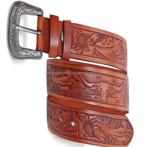 Cinturón de herramientas de cuero de vaca genuino de grano completo para hombres y mujeres con botón a presión ajustable Conjunto de hebilla de diseño floral - Product Image 5