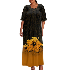 Vestidos Midi con Mangas Abullonadas Mumu de Micronesia, Diseño Personalizado, Estampado Floral Hawaiano, Vestido Muumuu Micronésico, Ropa de Talla Grande para Mujer - Product Image 5