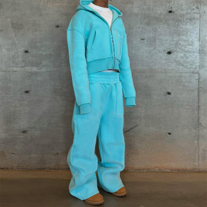 Customize Turquoise Hooded Windproof Fleece Tracksuit Set Full Length Loose Fit Solid Color Zipper Front Sweatshirt <b>Pants</b> Winter - Product Image 6