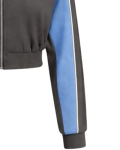 Chaqueta deportiva corta azul grisácea para mujer, con cremallera, para gimnasio, fitness, ropa deportiva, con rayas en contraste, proveedor OEM. - Product Image 6