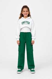 Ensemble survêtement pour filles ONETEN, sweat-shirt à capuche et pantalon cargo, haut blanc, taille élastique verte, tenue décontractée - Product Image 1