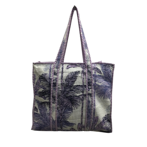 Quilted Cotton Canvas Tote Bag Palm Tree <b>Printed</b> Boho Beach Travel <b>Large</b> Capacity Purple White Women - Product Image 2